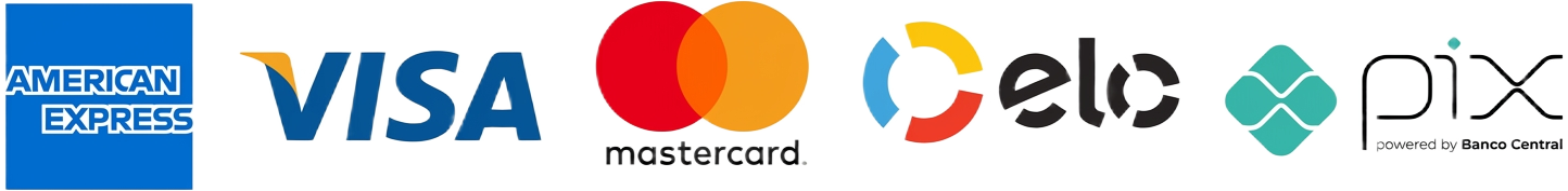 Formas de pagamento: American Express, Visa, Mastercard, Elo e Pix